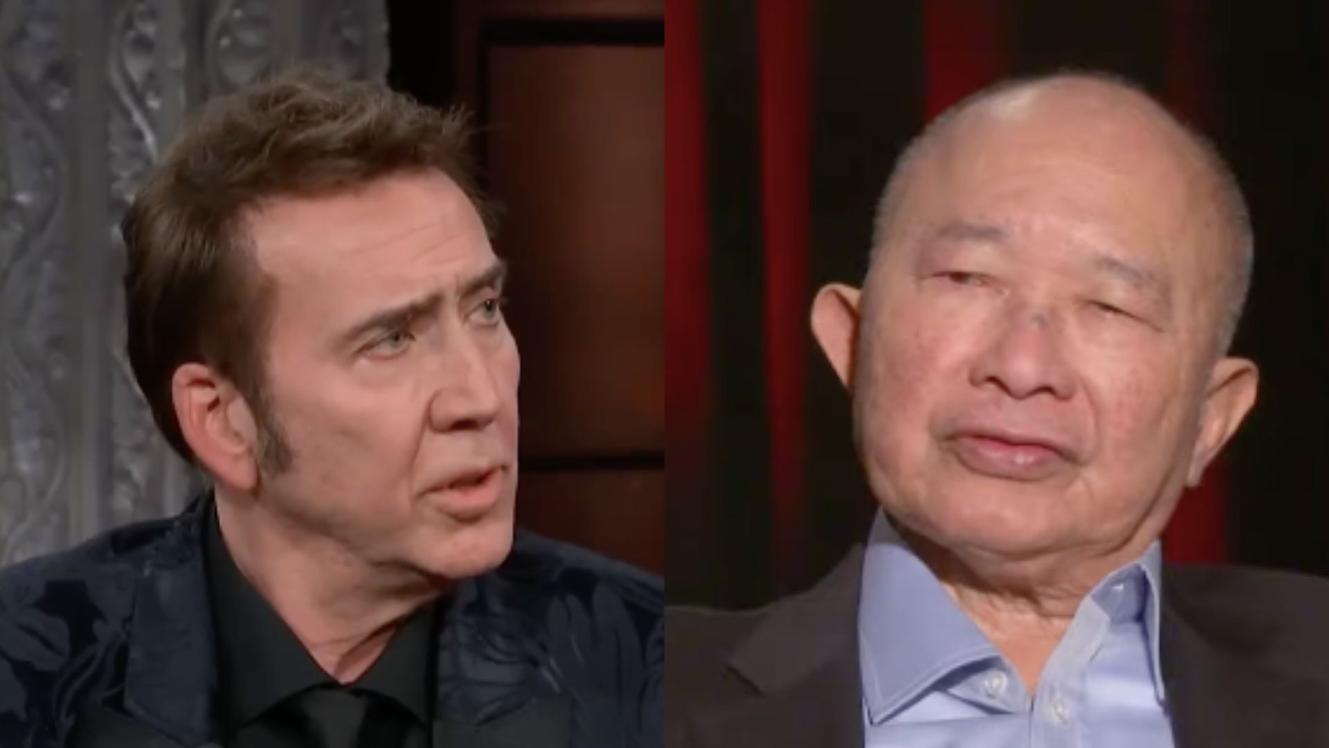 This is a collage of the images of John Woo (right) and Nicolas Cage (left)