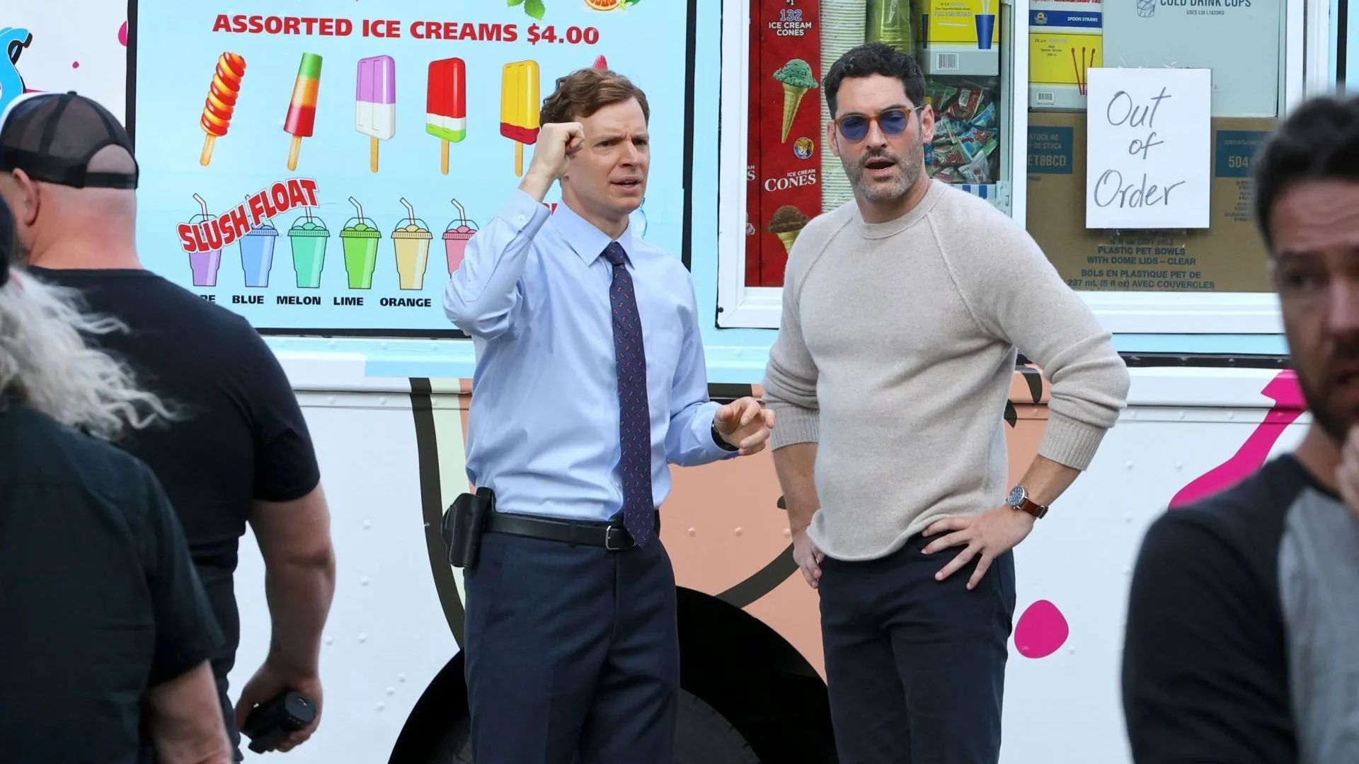 Nick Gehlfuss and Tom Ellis are seen on the set of the CIA (Image via Getty)