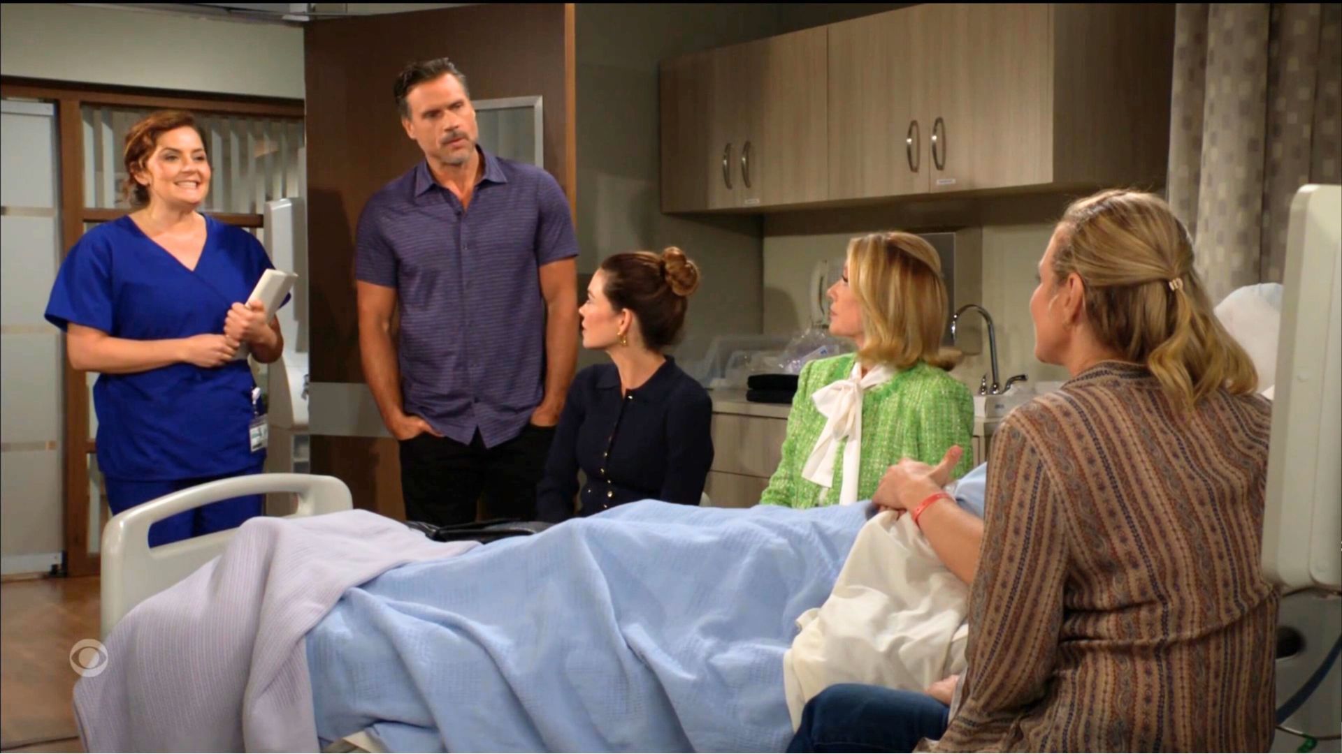 Nick, Vicki, Sharon, Noah, Nikki, and a nurse on The Young and the Restless | Image: CBS