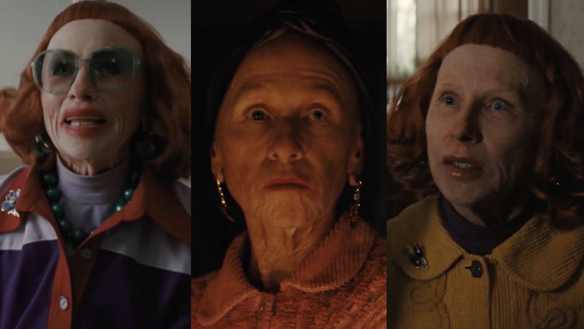 Three stills of Amy Madigan as Gladys in 