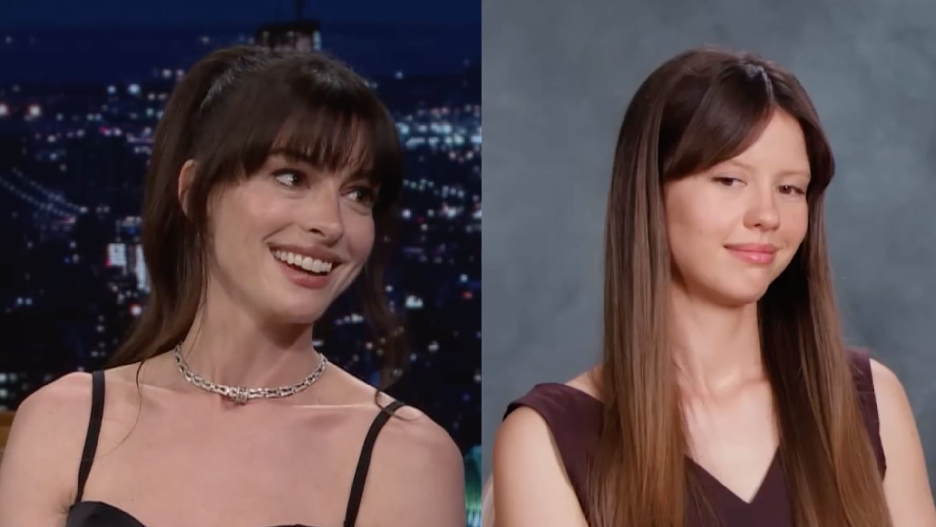 This is a collage of the images of Anne Hathaway (left) and Mia Goth (right)