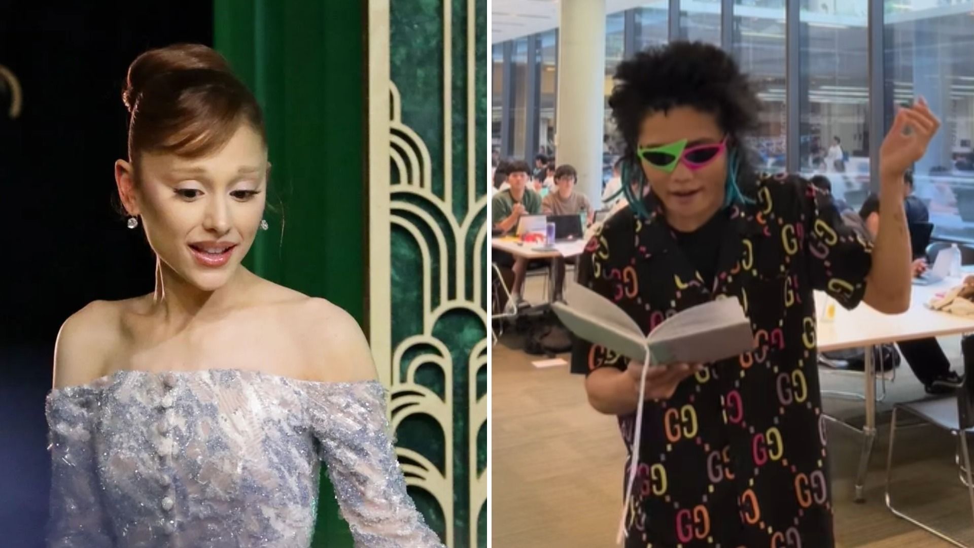 A prankster named Pyjama Man charged at Ariana Grande during Wicke: For Good Singapore screening (Image via Getty, Instagram/@pyjamamann)