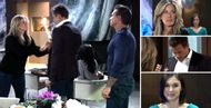 General Hospital's Carly shoving a drink at Drew while Willow smirks. | Image source: ABC